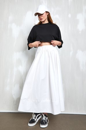 Beyaz Poplin Beli Lastikli Uzun Etek 27321