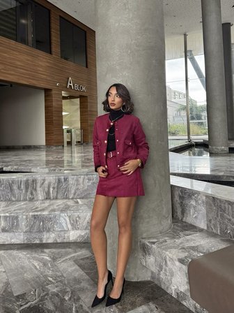 Bordo Kemerli Etek
