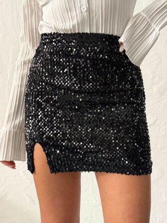 Siyah Payetli Yüksek Bel Bodycon Mini Etek