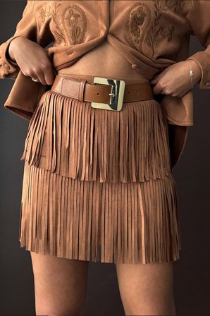 Kahverengi Boho Katlı Mini Etek Yüksek Bel