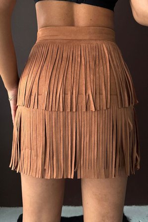 Kahverengi Boho Katlı Mini Etek Yüksek Bel