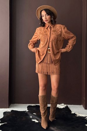 Kahverengi Boho Katlı Mini Etek Yüksek Bel