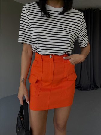 Cep Detay Gabardin Kısa Etek Oranj
