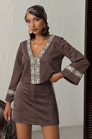 Kahverengi Boho V Yakalı Bluz Standart Kol