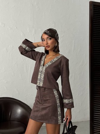 Kahverengi Boho V Yakalı Bluz Standart Kol