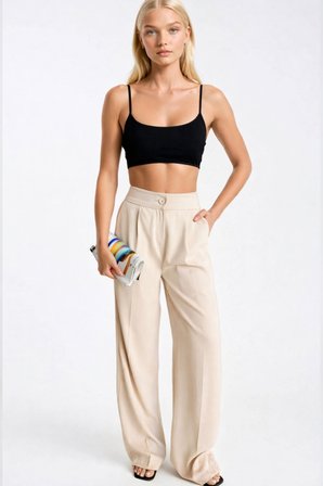Bej Palazzo Pantolon Yüksek Bel Ve Geniş Paça (Beige Palazzo Pants With High Waist And Wide Leg)
