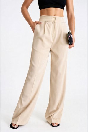 Bej Palazzo Pantolon Yüksek Bel Ve Geniş Paça (Beige Palazzo Pants With High Waist And Wide Leg)