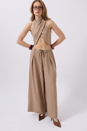 Düşük Bel Oversize Keten Pantolon - Vizon