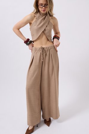 Düşük Bel Oversize Keten Pantolon - Vizon