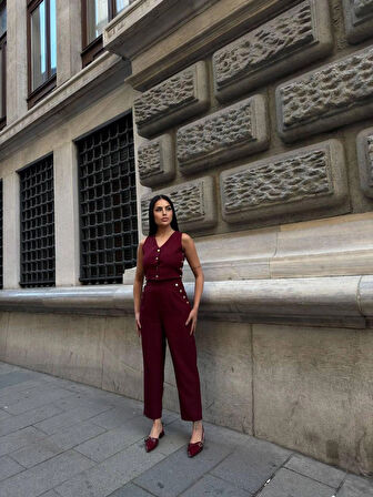 BYB Gold düğmeli bordo yelek pantolon takım