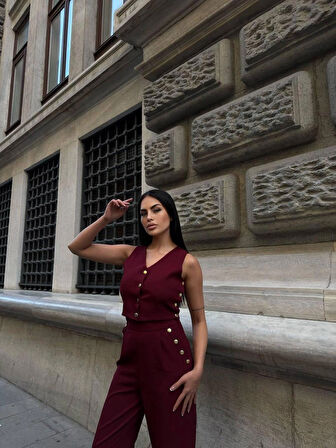 BYB Gold düğmeli bordo yelek pantolon takım