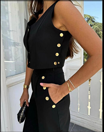 BYB Gold düğmeli siyah yelek pantolon takım