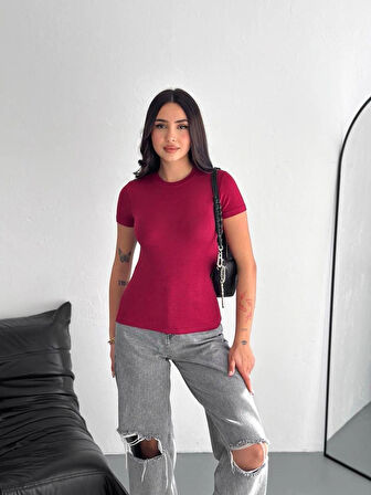 Modal kumaş bisiklet yaka bordo tshirt