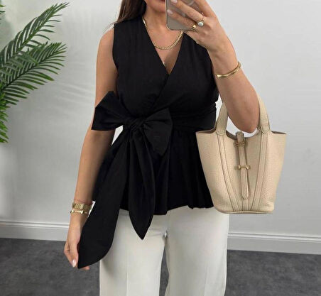 BYB Poplin kumaş kruvaze yaka siyah bluz