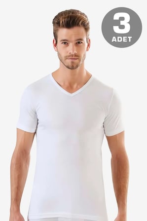 Premium Klasik Ucuz Günlük Erkek V Yaka Kısa Kollu Fanila Beyaz 3'lü Set
