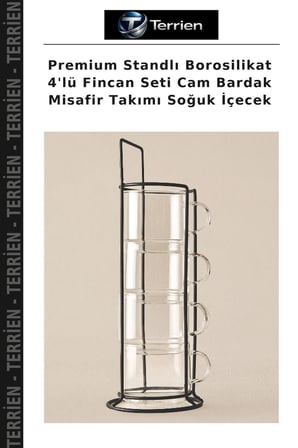 Premium Standlı Borosilikat 4'lü Fincan Seti Cam Bardak Misafir Takımı Soğuk İçecek