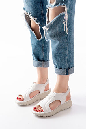 T-221 Beyaz  Spring Paraşüt Kumaş Lastikli Ortopedik Kadın Sandalet