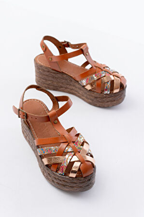 684-02 Taba Garni Ortopedik Hakiki Deri Dolgu Kadın Sandalet