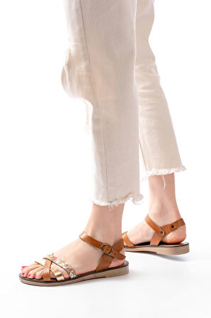 205-015 Taba Garni Ortopedik Hakiki Deri Kadın Sandalet