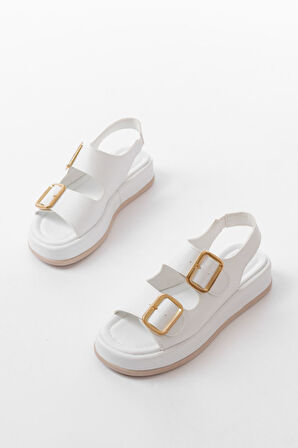 1187 Beyaz Dolgu Topuk Lastik Baretli  Kadın Sandalet