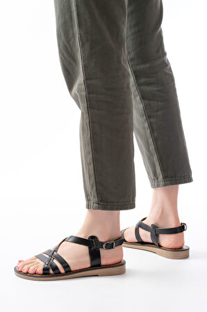 205-05 Siyah Ortopedik Hakiki Deri Kadın Sandalet