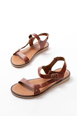 205-090 Koyu Kahve  Hakiki Deri Tokalı Kadın Sandalet