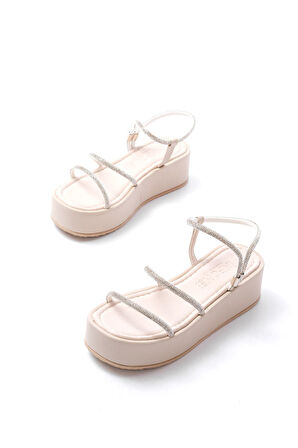 861-1008 Bej Gümüş Taşlı Dolgu Topuklu Kadın Sandalet