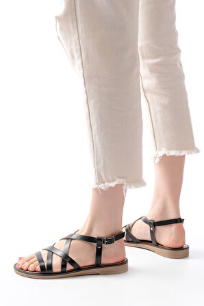 205-017 Siyah Ortopedik Hakiki Deri Kadın Sandalet