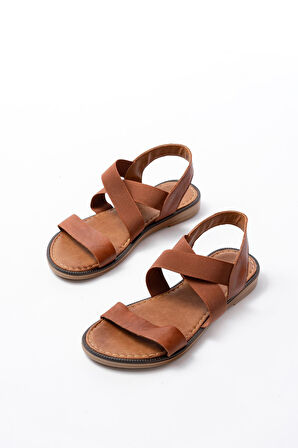 205-04 Taba Tek Bantlı Lastikli Hakiki Deri Ortopedik Taban Kadın Sandalet