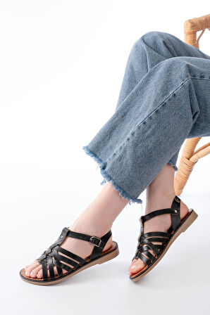 205-208 Siyah Hakiki Deri Ortopedik Taban Kadın Sandalet