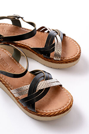 730-037 Siyah Ayna Hakiki Deri Ortopedik Taban Kadın Sandalet