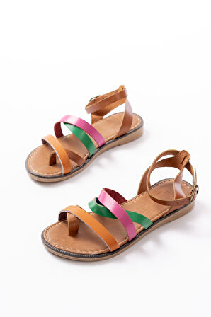 205-209 Turuncu Multi  Hakiki Deri Tokalı Parmak Arası Kadın Sandalet