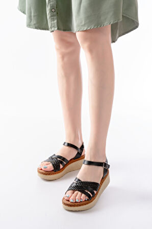 730-138 Siyah Örgü Hakiki Deri Ortopedik Taban Kadın Sandalet