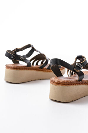 730-142 Siyah Hakiki Deri Ortopedik Taban Kadın Sandalet