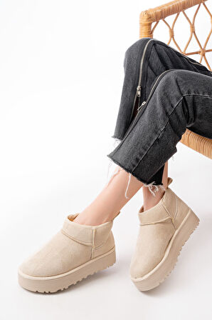 NDR-2850 Bej Süet İçi Kürklü Kışlık Kapalı Burun Kadın Günlük Terlik