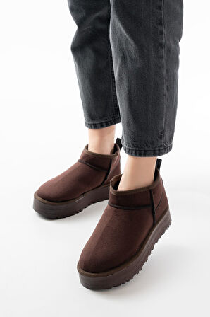 NDR-2850 Kahverengi Süet İçi Kürklü Kışlık Kapalı Burun Kadın Günlük Terlik