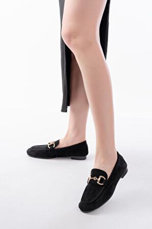 303 Siyah Süet Toka Aksesuarlı Günlük Kadın Babet