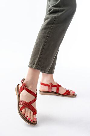 205-09 Kırmızı Ortopedik Hakiki Deri Kadın Sandalet