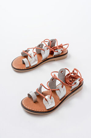 205-01 Gümüş Bilekten Bağlamalı Ortopedik Hakiki Deri Kadın Sandalet