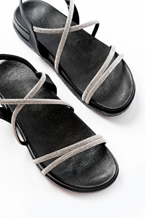 1001-1105 Siyah Gümüş Taşlı Günlük Kadın Sandalet