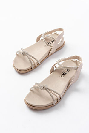 1001-1120 Bej Gümüş Taşlı Günlük Kadın Sandalet