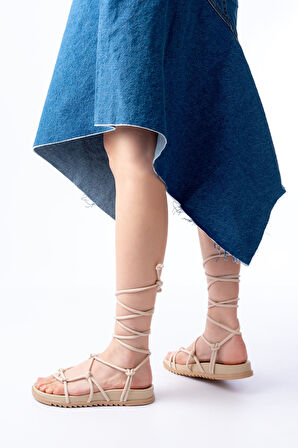 1001-1001 Bej Bilekten Bağcıklı Kadın Sandalet