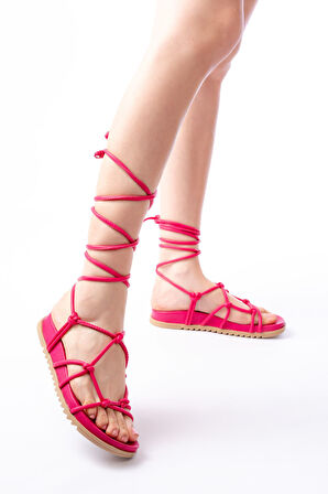 1001-1001 Fuşya Bilekten Bağcıklı Kadın Sandalet