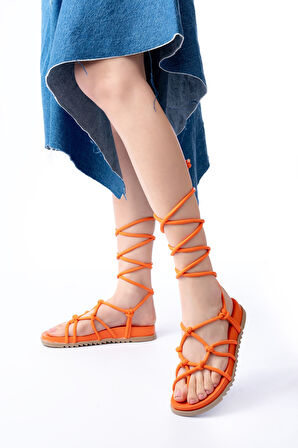 1001-1001 Orange Bilekten Bağcıklı Kadın Sandalet