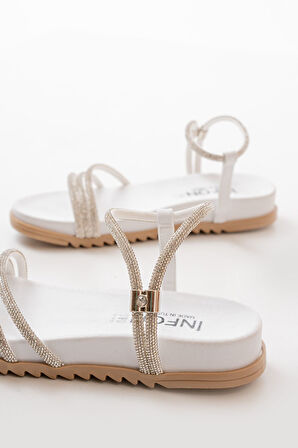 1001-1100 Beyaz Gümüş Taşlı Günlük Kadın Sandalet