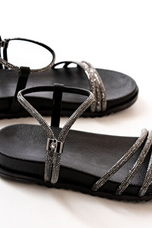 1001-1100 Siyah Platin Taşlı Günlük Kadın Sandalet