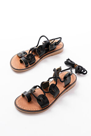 205-01 Siyah Bilekten Bağlamalı Ortopedik Hakiki Deri Kadın Sandalet