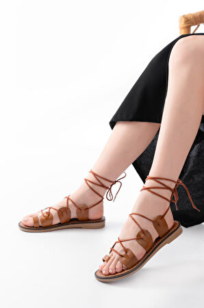 205-01 Taba Bilekten Bağlamalı Ortopedik Hakiki Deri Kadın Sandalet