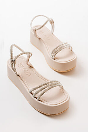 861-1100 Bej Günlük Gümüş Taşlı Dolgu Kadın Sandalet