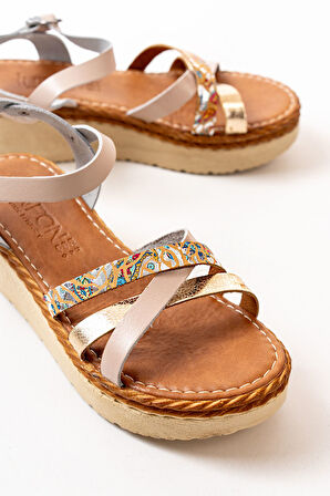 730-015 Bej Garni Ortopedik Hakiki Deri Dolgu Kadın Sandalet